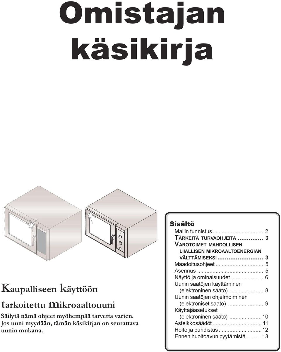 MIKROAALTOENERGIAN VÄLTTÄMISEKSI 3 Maadoitusohjeet 5 Asennus 5 Näyttö ja ominaisuudet 6 Uunin säätöjen käyttäminen (elektroninen säätö) 8