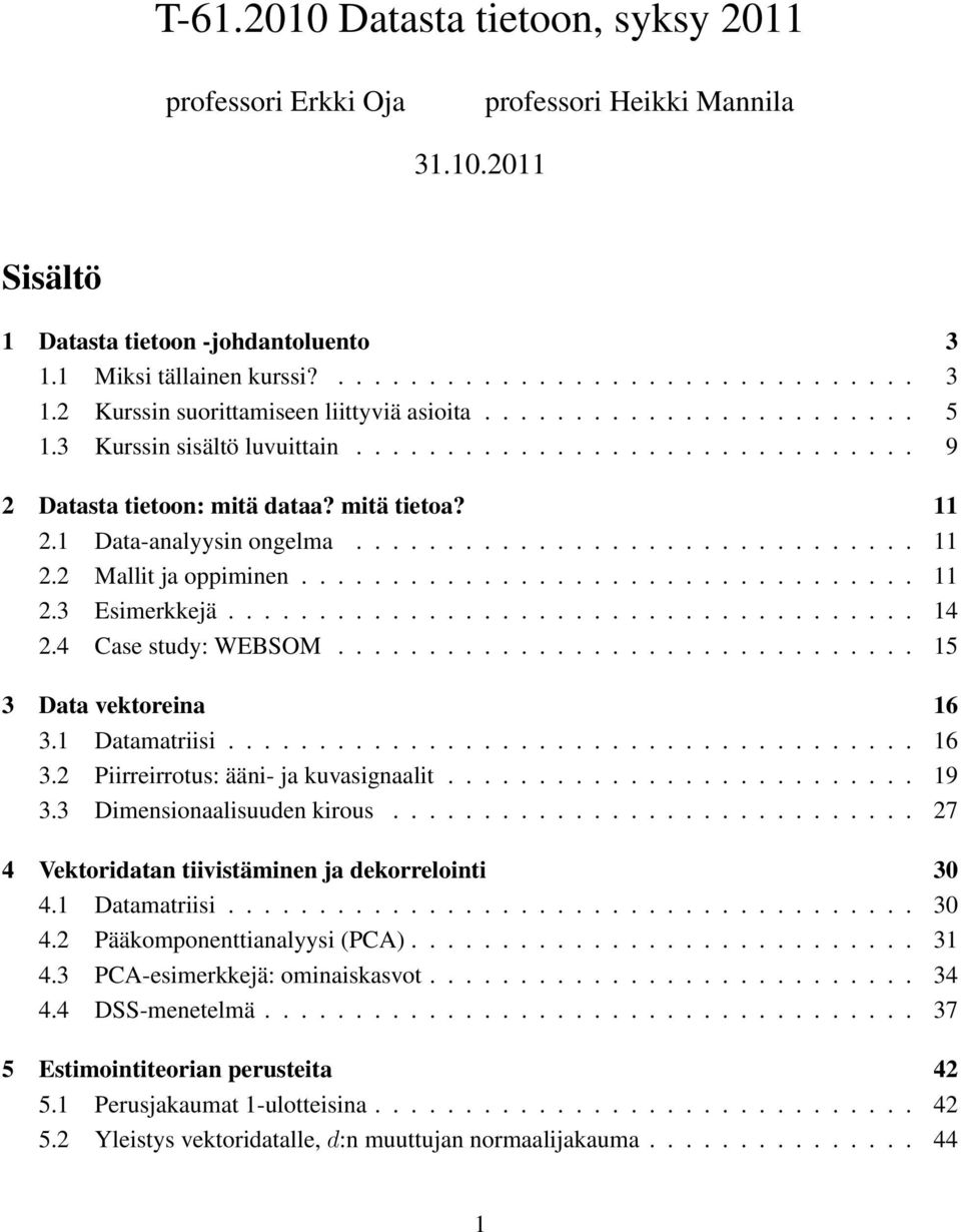 ................................. 2.3 Esimerkkejä...................................... 4 2.4 Case study: WEBSOM................................ 5 3 Data vektoreina 6 3.