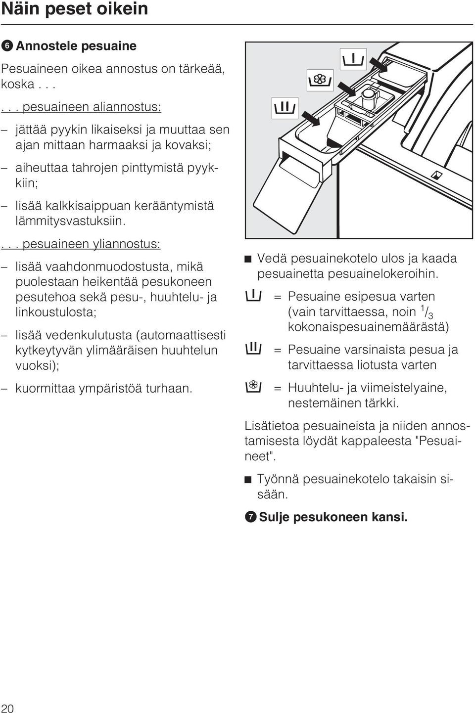 ... pesuaineen yliannostus: lisää vaahdonmuodostusta, mikä puolestaan heikentää pesukoneen pesutehoa sekä pesu-, huuhtelu- ja linkoustulosta; lisää vedenkulutusta (automaattisesti kytkeytyvän