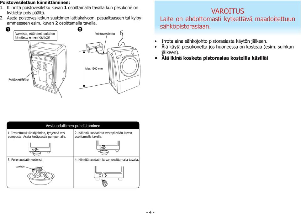 Poistovesiletku VAROITUS Laite on ehdottomasti kytkettävä maadoitettuun sähköpistorasiaan. Irrota aina sähköjohto pistorasiasta käytön jälkeen. Älä käytä pesukonetta jos huoneessa on kosteaa (esim.