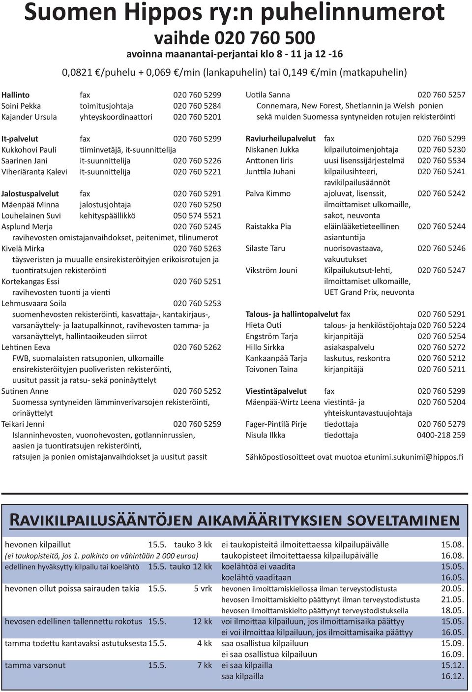 020 760 5226 Viheriäranta Kalevi it-suunnittelija 020 760 5221 Jalostuspalvelut fax 020 760 5291 Mäenpää Minna jalostusjohtaja 020 760 5250 Louhelainen Suvi kehityspäällikkö 050 574 5521 Asplund