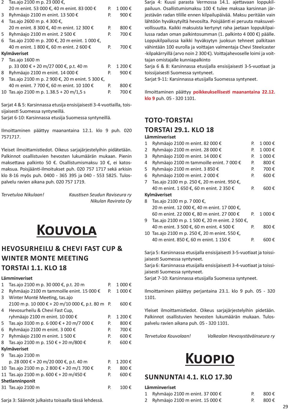 1 200 8 Ryhmäajo 2100 m enint. 14 000 P. 900 9 Tas.ajo 2100 m p. 2 900, 20 m enint. 5 300, 40 m enint. 7 700, 60 m enint. 10 100 P. 800 10 Tas.ajo 2100 m p. 1.38.5 + 20 m/1,5 s P.