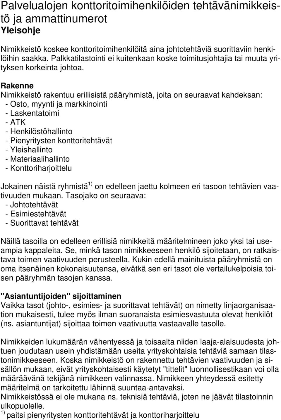 Rakenne Nimikkeistö rakentuu erillisistä pääryhmistä, joita on seuraavat kahdeksan: - Osto, myynti ja markkinointi - Laskentatoimi - ATK - Henkilöstöhallinto - Pienyritysten konttoritehtävät -