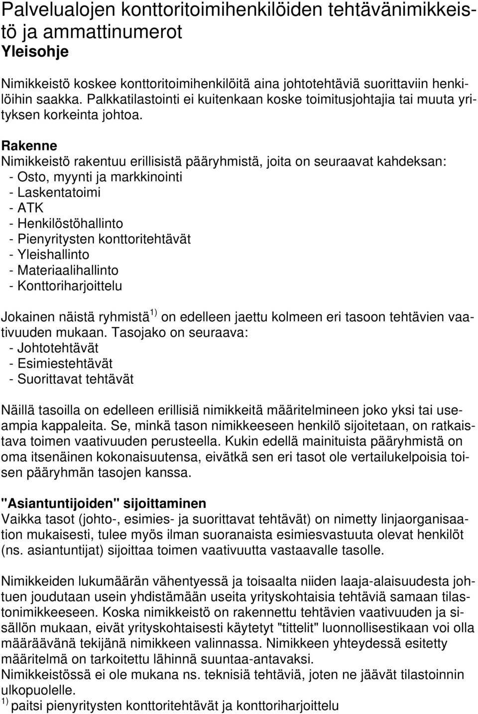 Rakenne Nimikkeistö rakentuu erillisistä pääryhmistä, joita on seuraavat kahdeksan: - Osto, myynti ja markkinointi - Laskentatoimi - ATK - Henkilöstöhallinto - Pienyritysten konttoritehtävät -