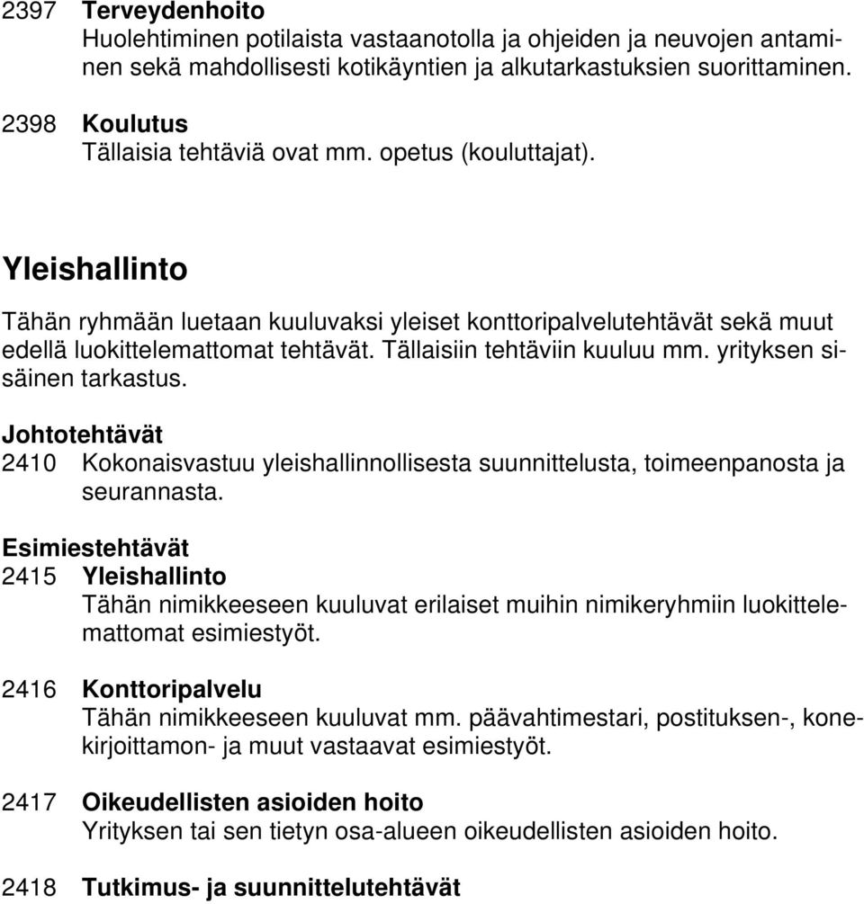 Tällaisiin tehtäviin kuuluu mm. yrityksen sisäinen tarkastus. 2410 Kokonaisvastuu yleishallinnollisesta suunnittelusta, toimeenpanosta ja seurannasta.