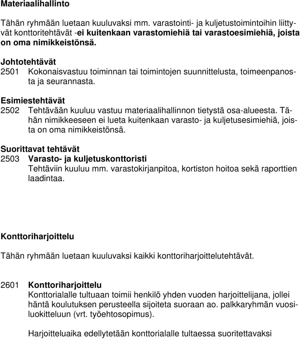 Tähän nimikkeeseen ei lueta kuitenkaan varasto- ja kuljetusesimiehiä, joista on oma nimikkeistönsä. 2503 Varasto- ja kuljetuskonttoristi Tehtäviin kuuluu mm.