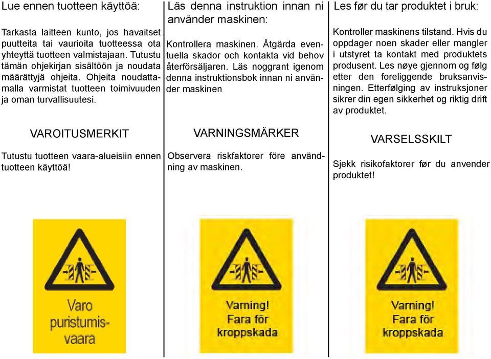 Läs denna instruktion innan ni använder maskinen: Kontrollera maskinen. Åtgärda eventuella skador och kontakta vid behov återförsäljaren.
