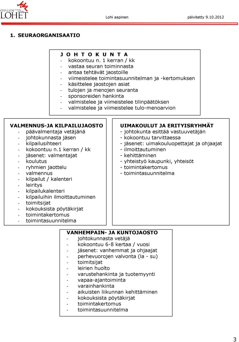 hankinta - valmistelee ja viimeistelee tilinpäätöksen - valmistelee ja viimeistelee tulo-menoarvion VALMENNUS-JA KILPAILUJAOSTO UIMAKOULUT JA ERITYISRYHMÄT - päävalmentaja vetäjänä - johtokunta
