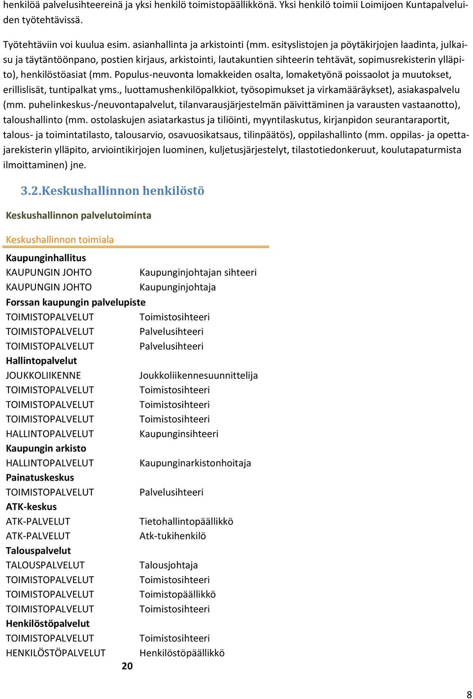 Populus-neuvonta lomakkeiden osalta, lomaketyönä poissaolot ja muutokset, erillislisät, tuntipalkat yms., luottamushenkilöpalkkiot, työsopimukset ja virkamääräykset), asiakaspalvelu (mm.