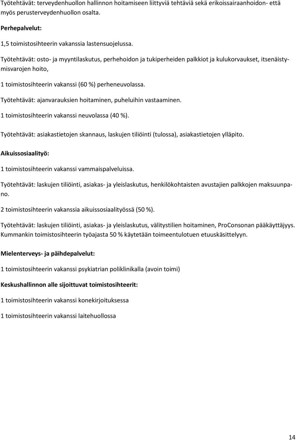 Työtehtävät: osto- ja myyntilaskutus, perhehoidon ja tukiperheiden palkkiot ja kulukorvaukset, itsenäistymisvarojen hoito, 1 toimistosihteerin vakanssi (60 %) perheneuvolassa.