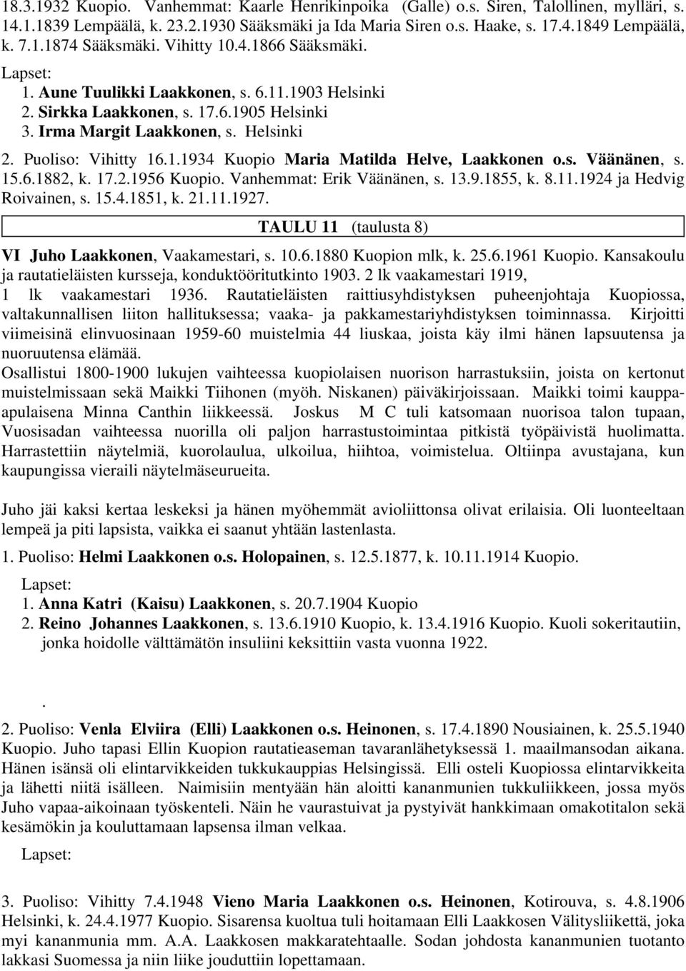 Helve, Laakkonen os Väänänen, s 1561882, k 1721956 Kuopio Vanhemmat: Erik Väänänen, s 1391855, k 8111924 ja Hedvig Roivainen, s 1541851, k 21111927 TAULU 11 (taulusta 8) VI Juho Laakkonen,