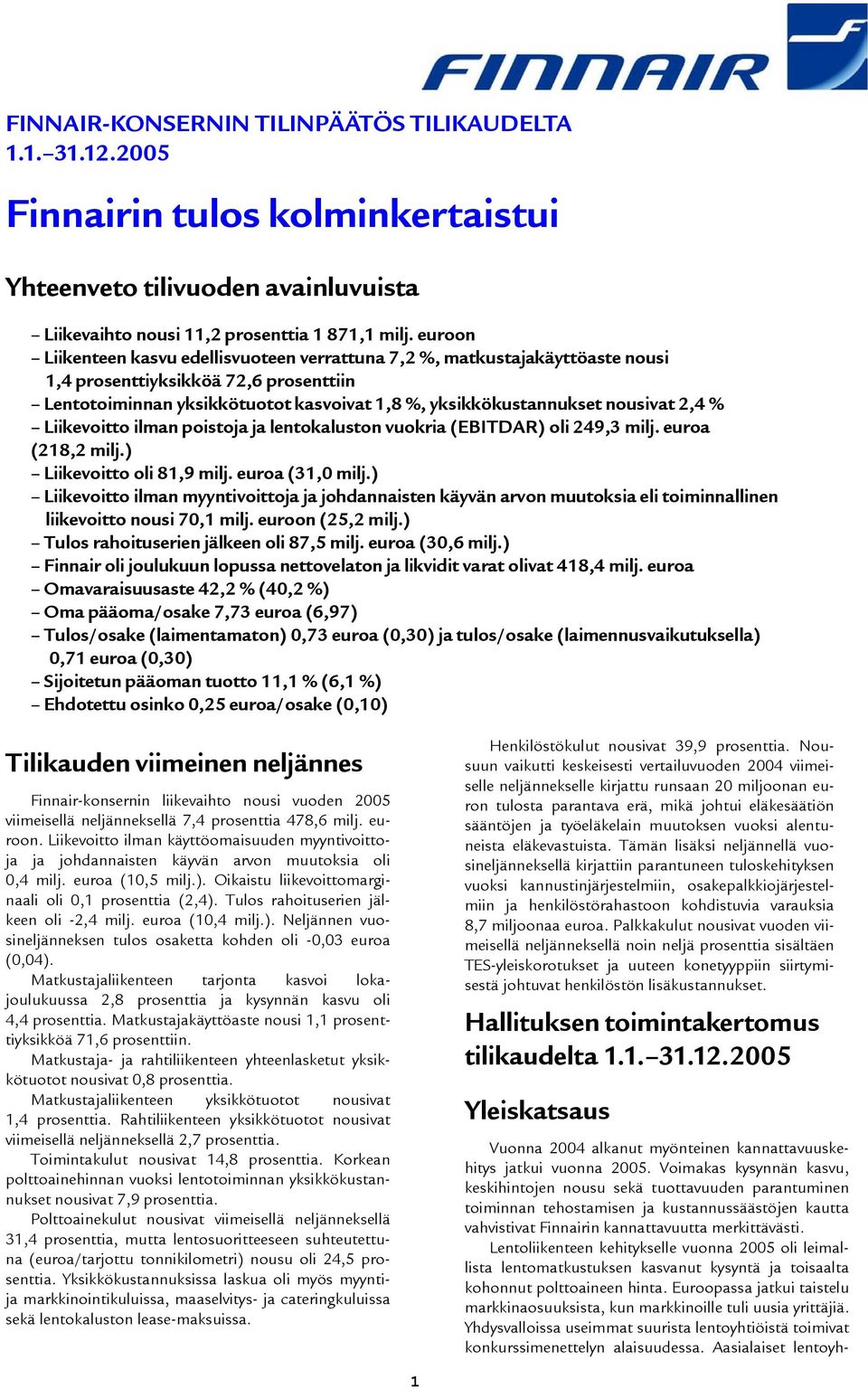 2,4 % Liikevoitto ilman poistoja ja lentokaluston vuokria (EBITDAR) oli 249,3 milj. euroa (218,2 milj.) Liikevoitto oli 81,9 milj. euroa (31,0 milj.