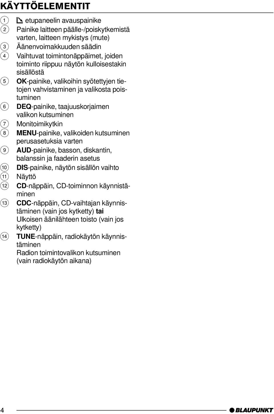 MENU-painike, valikoiden kutsuminen perusasetuksia varten 9 AUD-painike, basson, diskantin, balanssin ja faaderin asetus : DIS-painike, näytön sisällön vaihto ; Näyttö < CD-näppäin, CD-toiminnon