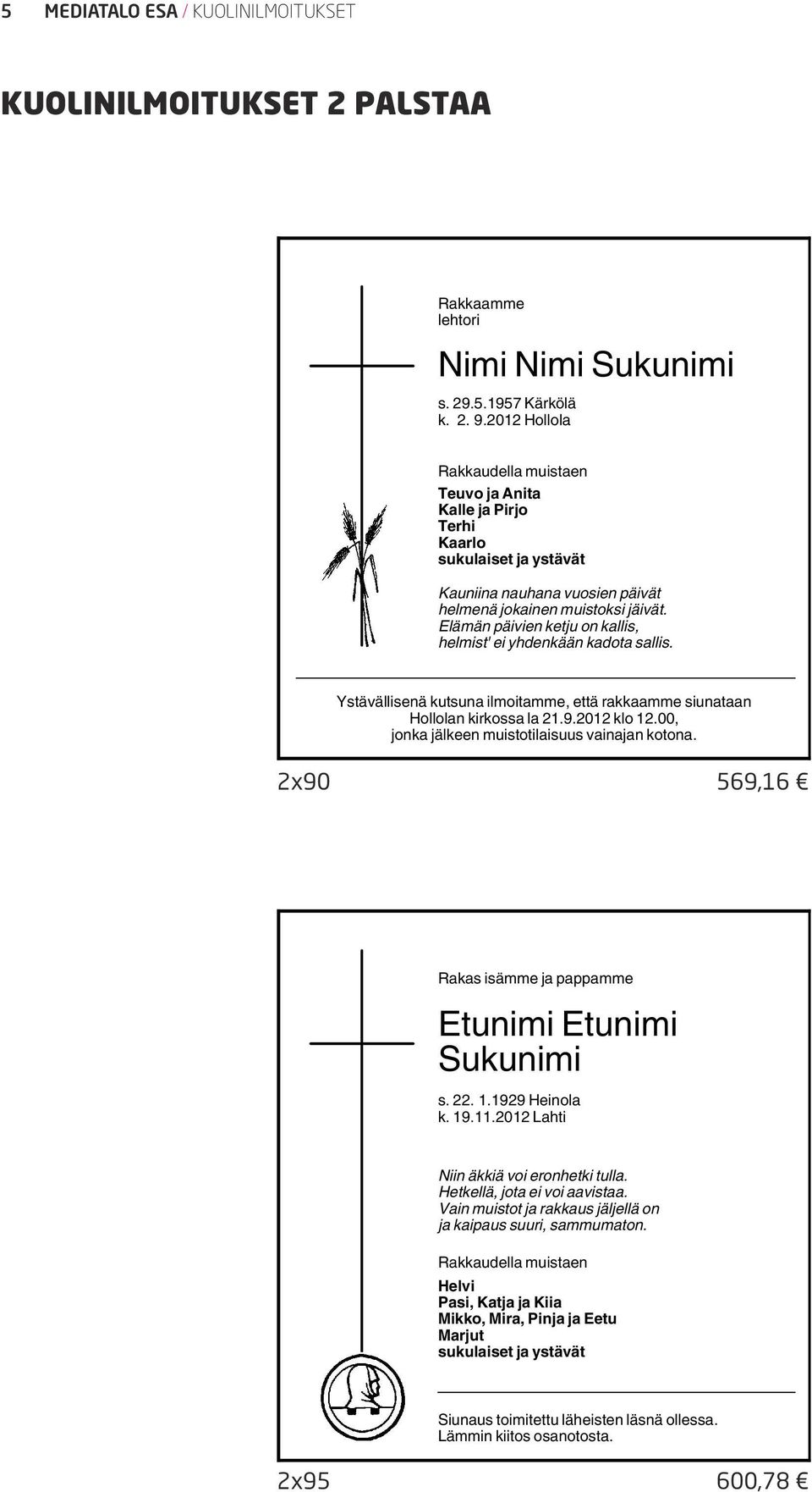 Elämän päivien ketju on kallis, helmist' ei yhdenkään kadota sallis. Ystävällisenä kutsuna ilmoitamme, että rakkaamme siunataan Hollolan kirkossa la 21.9.2012 klo 12.