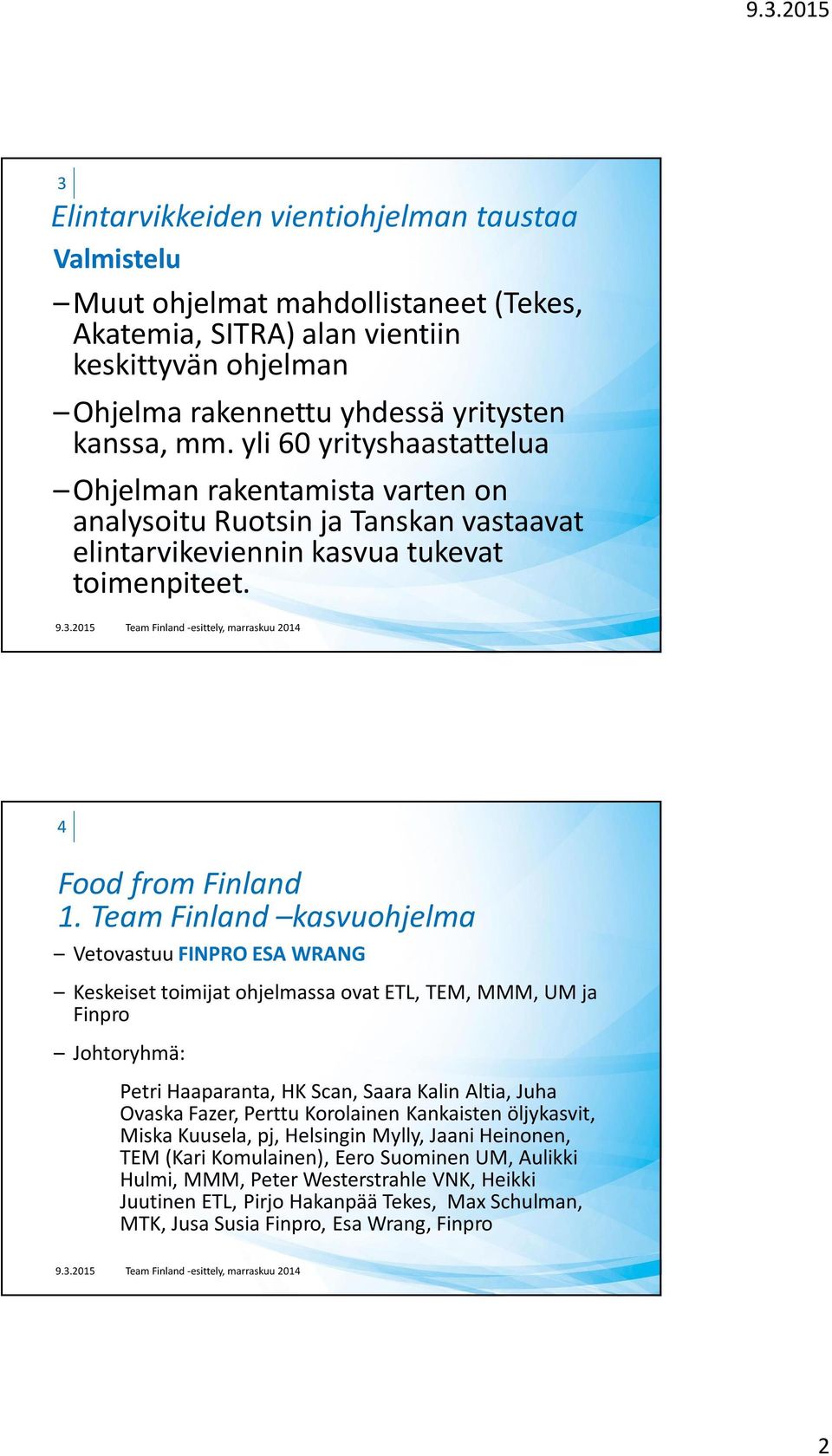 Team Finland kasvuohjelma Vetovastuu FINPRO ESA WRANG Keskeiset toimijat ohjelmassa ovat ETL, TEM, MMM, UM ja Finpro Johtoryhmä: Petri Haaparanta, HK Scan, Saara Kalin Altia, Juha Ovaska Fazer,