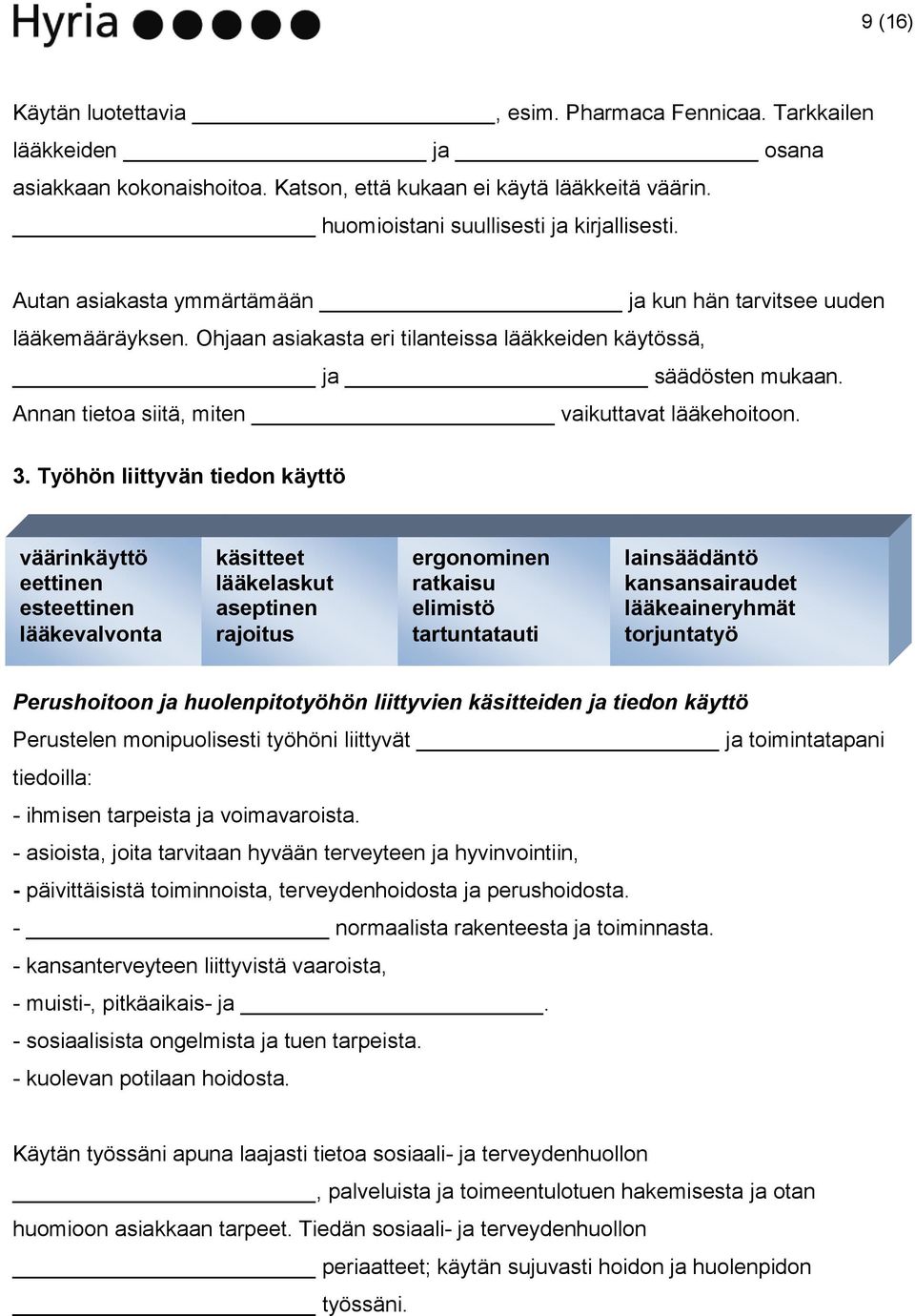 3. Työhön liittyvän tiedon käyttö väärinkäyttö eettinen esteettinen lääkevalvonta käsitteet lääkelaskut aseptinen rajoitus ergonominen ratkaisu elimistö tartuntatauti lainsäädäntö kansansairaudet