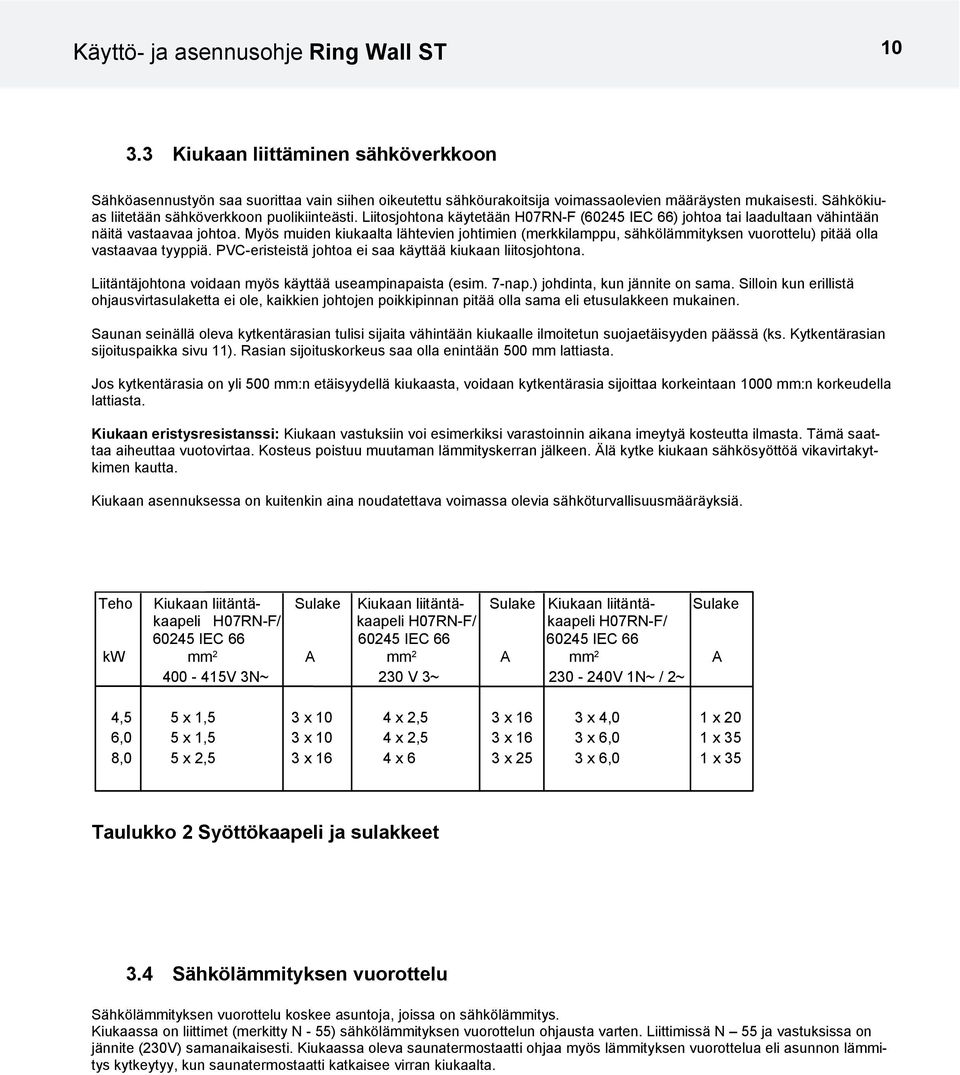 Myös muiden kiukaalta lähtevien johtimien (merkkilamppu, sähkölämmityksen vuorottelu) pitää olla vastaavaa tyyppiä. PVC-eristeistä johtoa ei saa käyttää kiukaan liitosjohtona.