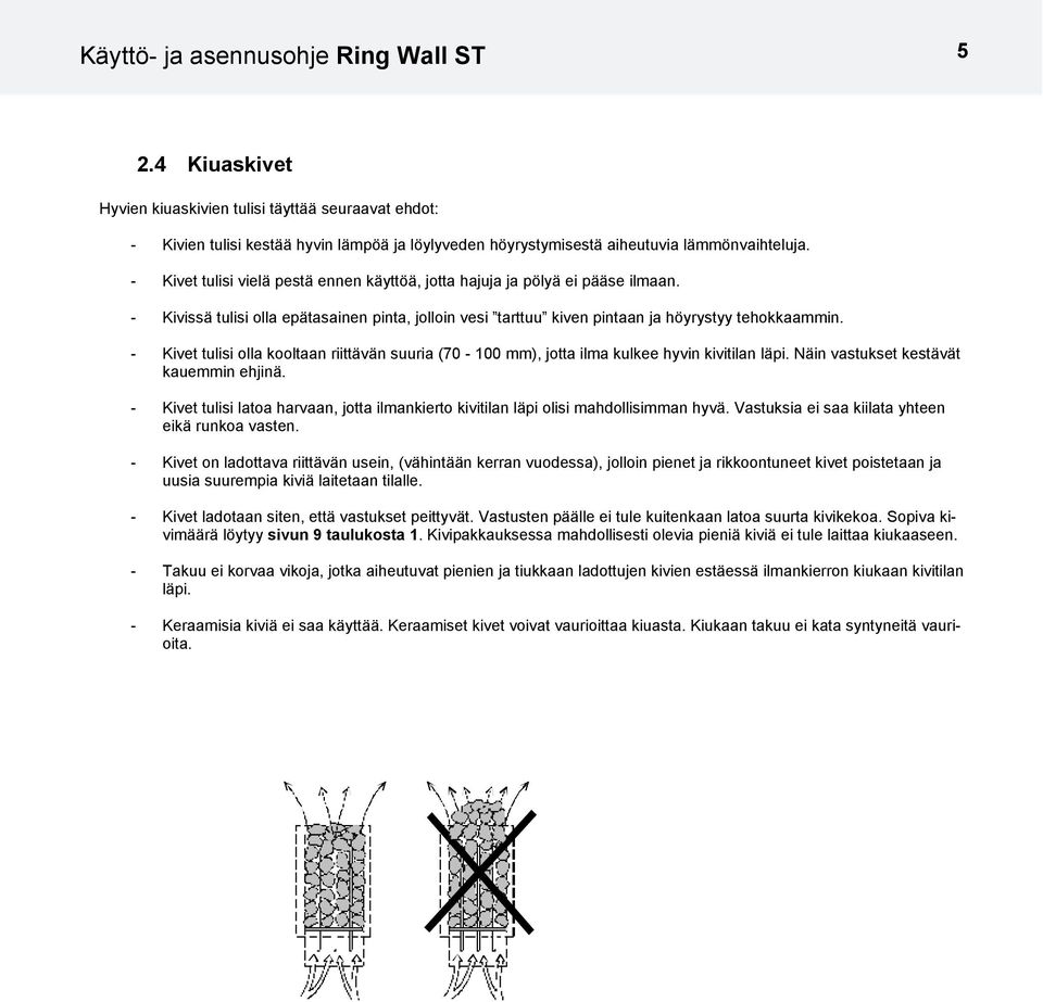 - Kivet tulisi olla kooltaan riittävän suuria (70-100 mm), jotta ilma kulkee hyvin kivitilan läpi. Näin vastukset kestävät kauemmin ehjinä.