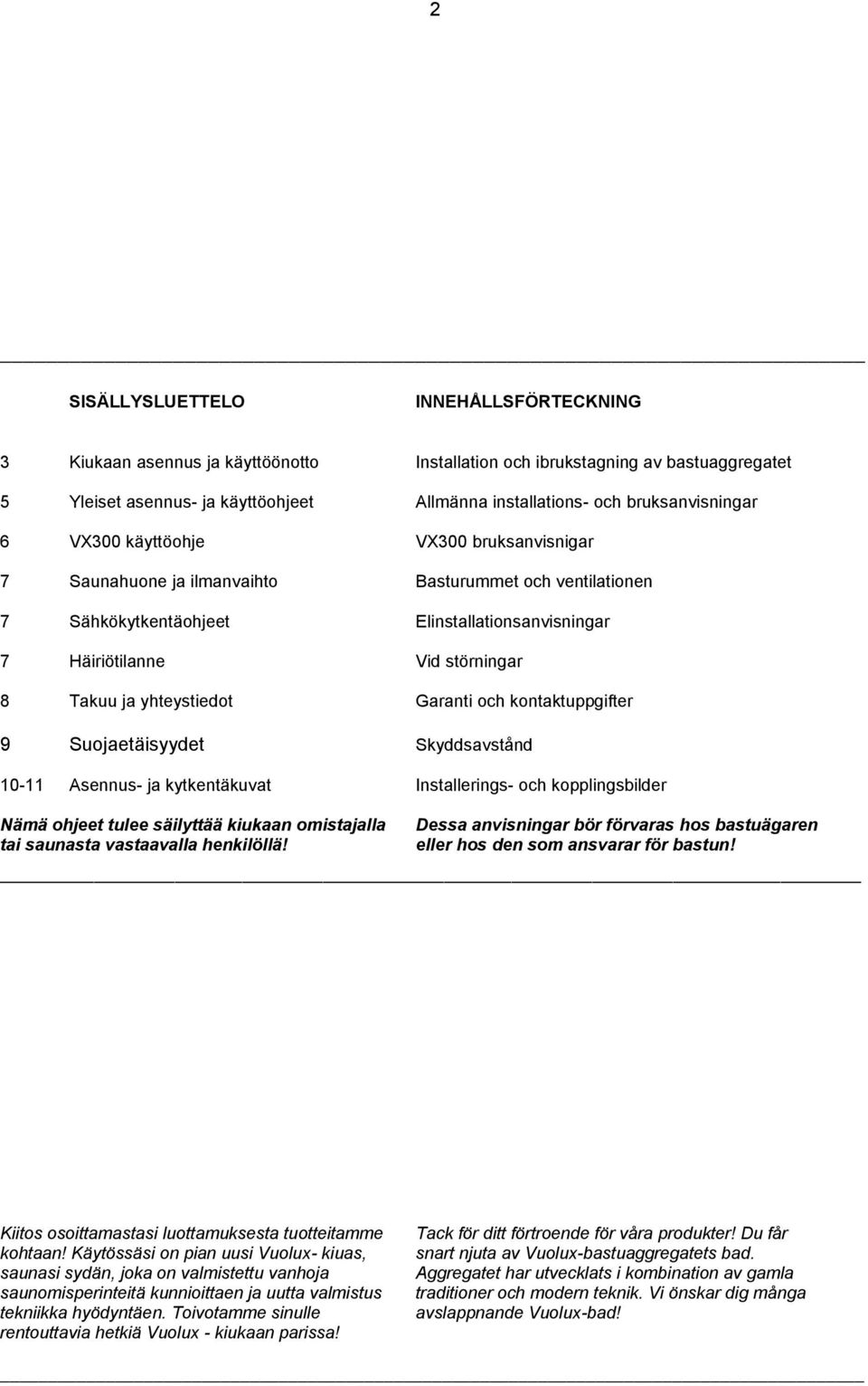 Takuu ja yhteystiedot Garanti och kontaktuppgifter 9 Suojaetäisyydet Skyddsavstånd 10-11 Asennus- ja kytkentäkuvat Installerings- och kopplingsbilder Nämä ohjeet tulee säilyttää kiukaan omistajalla