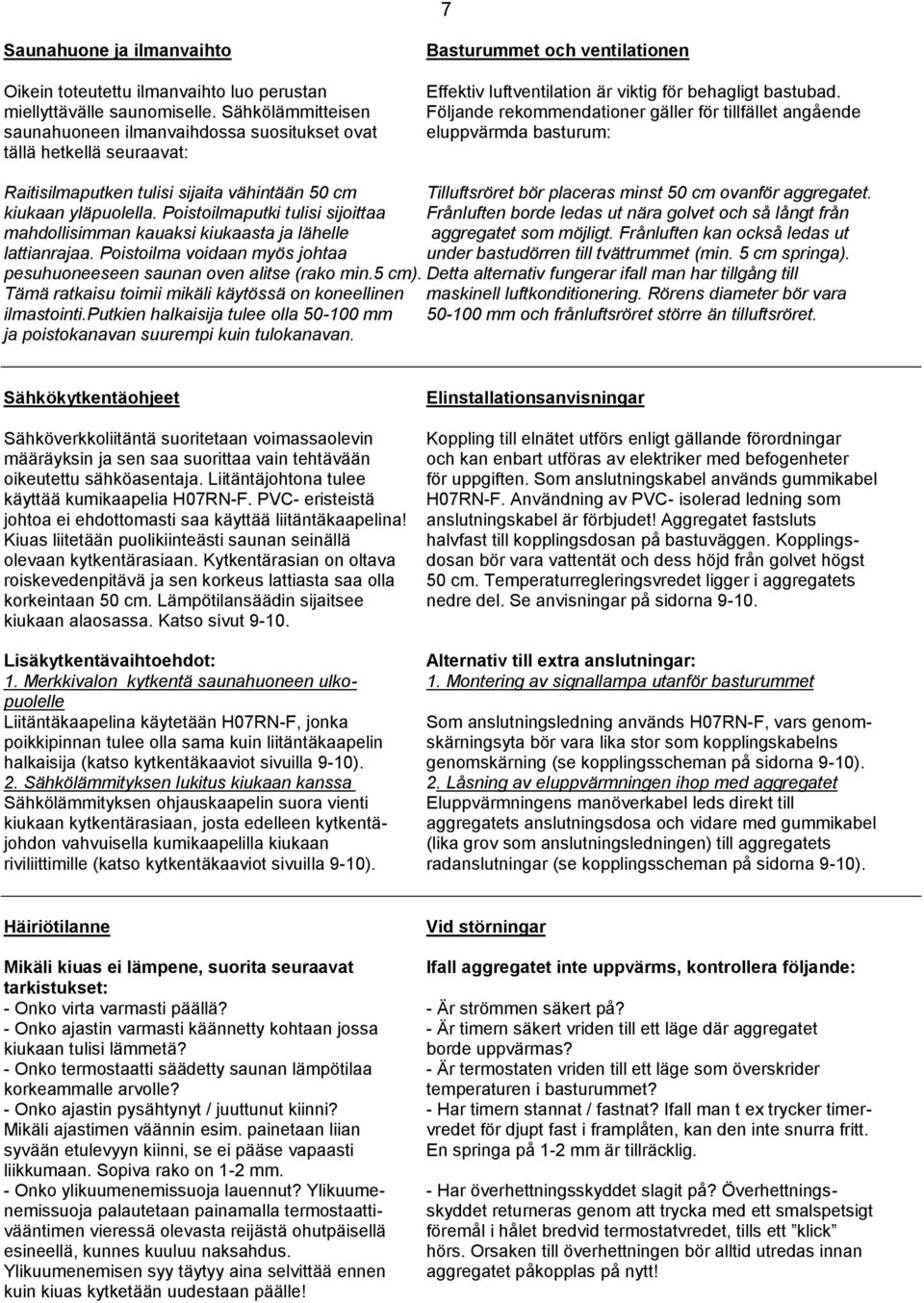 Följande rekommendationer gäller för tillfället angående eluppvärmda basturum: Raitisilmaputken tulisi sijaita vähintään 50 cm Tilluftsröret bör placeras minst 50 cm ovanför aggregatet.