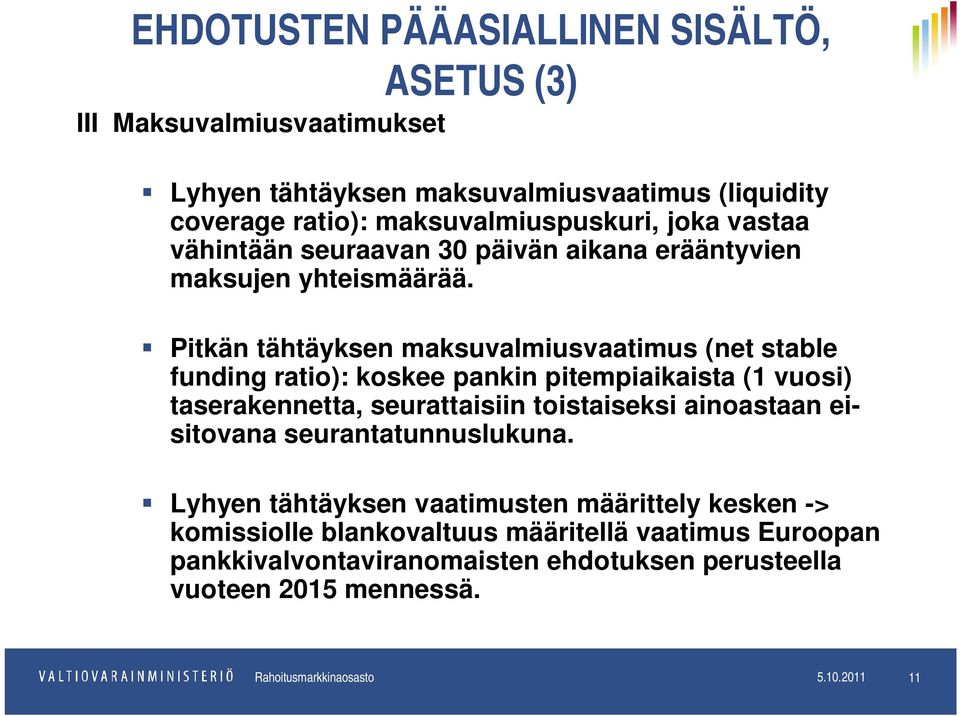 Pitkän tähtäyksen maksuvalmiusvaatimus (net stable funding ratio): koskee pankin pitempiaikaista (1 vuosi) taserakennetta, seurattaisiin toistaiseksi ainoastaan