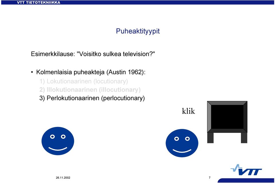 " Kolmenlaisia puheakteja (Austin 1962): 1)