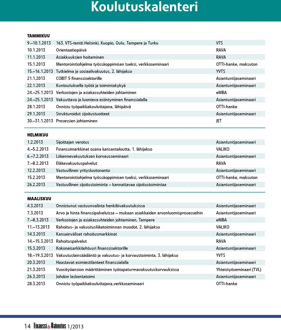 25.1.2013 Vakuuttava ja luonteva esiintyminen finanssialalla Asiantuntijaseminaari 28.1.2013 Onnistu työpaikkakouluttajana, lähipäivä OTTI-hanke 29.1.2013 Strukturoidut sijoitustuotteet Asiantuntijaseminaari 30.