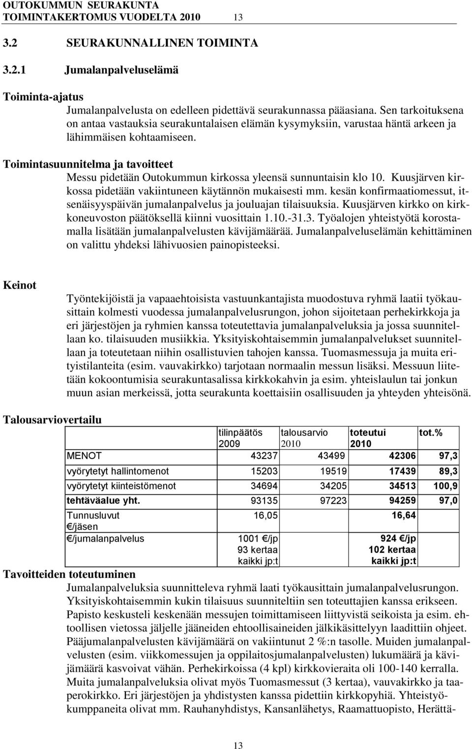 Toimintasuunnitelma ja tavoitteet Messu pidetään Outokummun kirkossa yleensä sunnuntaisin klo 10. Kuusjärven kirkossa pidetään vakiintuneen käytännön mukaisesti mm.