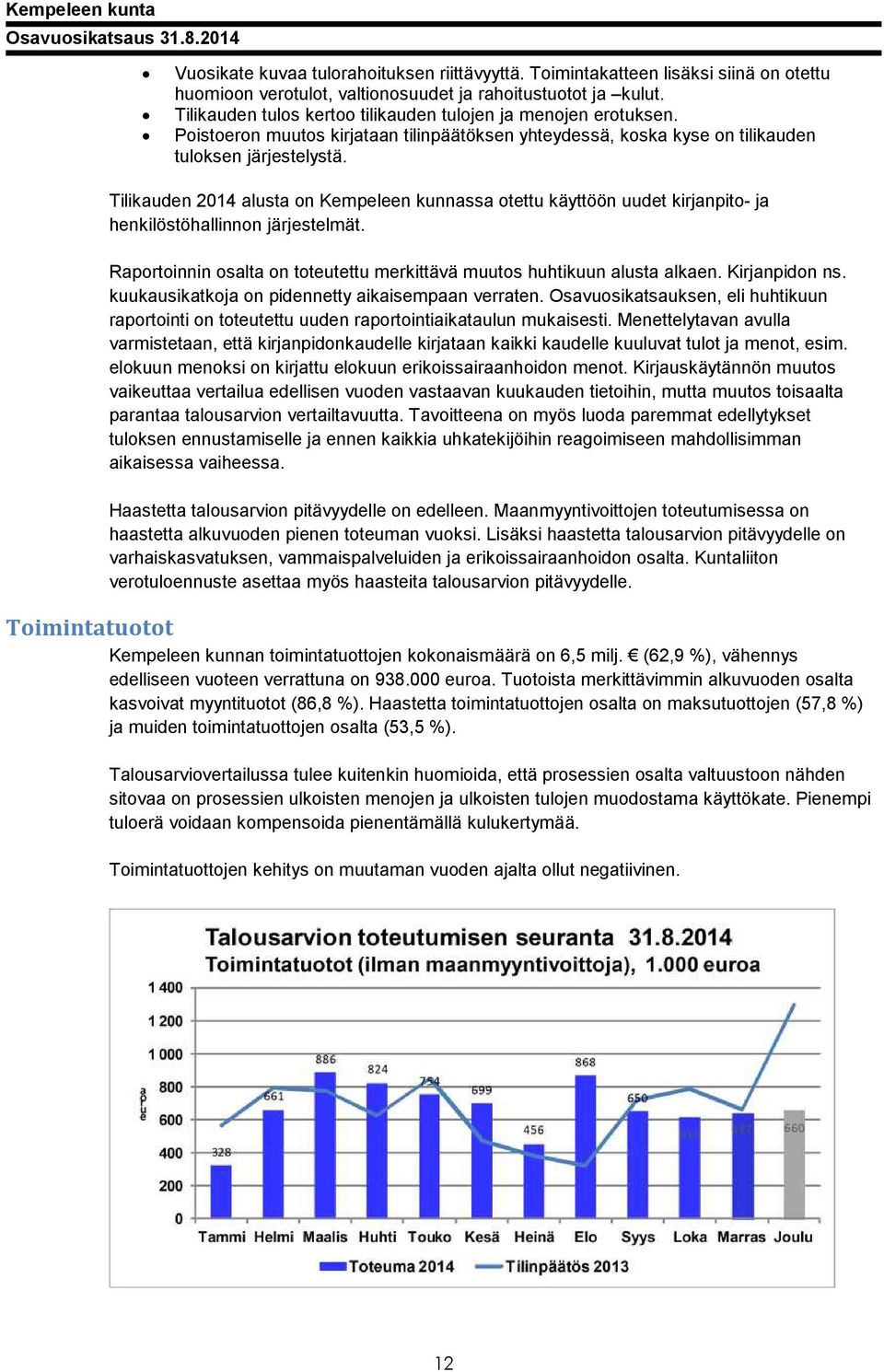 Tilikauden 2014 alusta on Kempeleen kunnassa otettu käyttöön uudet kirjanpito- ja henkilöstöhallinnon järjestelmät. Raportoinnin osalta on toteutettu merkittävä muutos huhtikuun alusta alkaen.