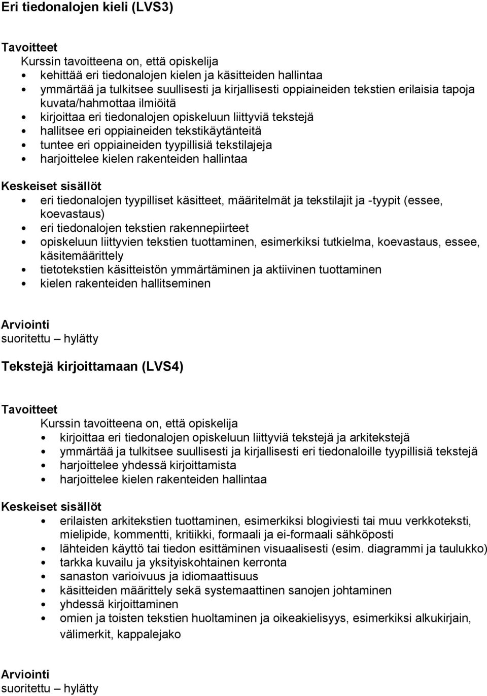 hallintaa eri tiedonalojen tyypilliset käsitteet, määritelmät ja tekstilajit ja -tyypit (essee, koevastaus) eri tiedonalojen tekstien rakennepiirteet opiskeluun liittyvien tekstien tuottaminen,