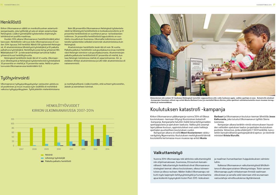 Henkilöstön vahvuus koko Ulkomaanavussa oli vuoden 2014 lopussa 248 henkilöä. Näistä 138 työskenteli Helsingissä, 45 aluetoimistoissa lähetettynä työntekijänä ja 65 paikalta palkattuna työntekijänä.