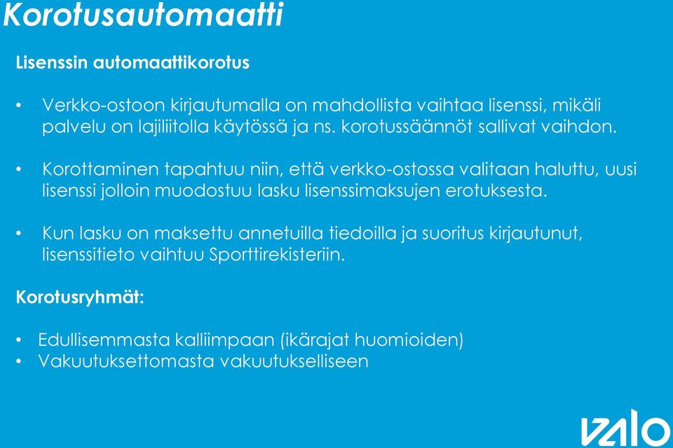 Korottaminen tapahtuu niin, että verkko-ostossa valitaan haluttu, uusi lisenssi jolloin muodostuu lasku lisenssimaksujen erotuksesta.