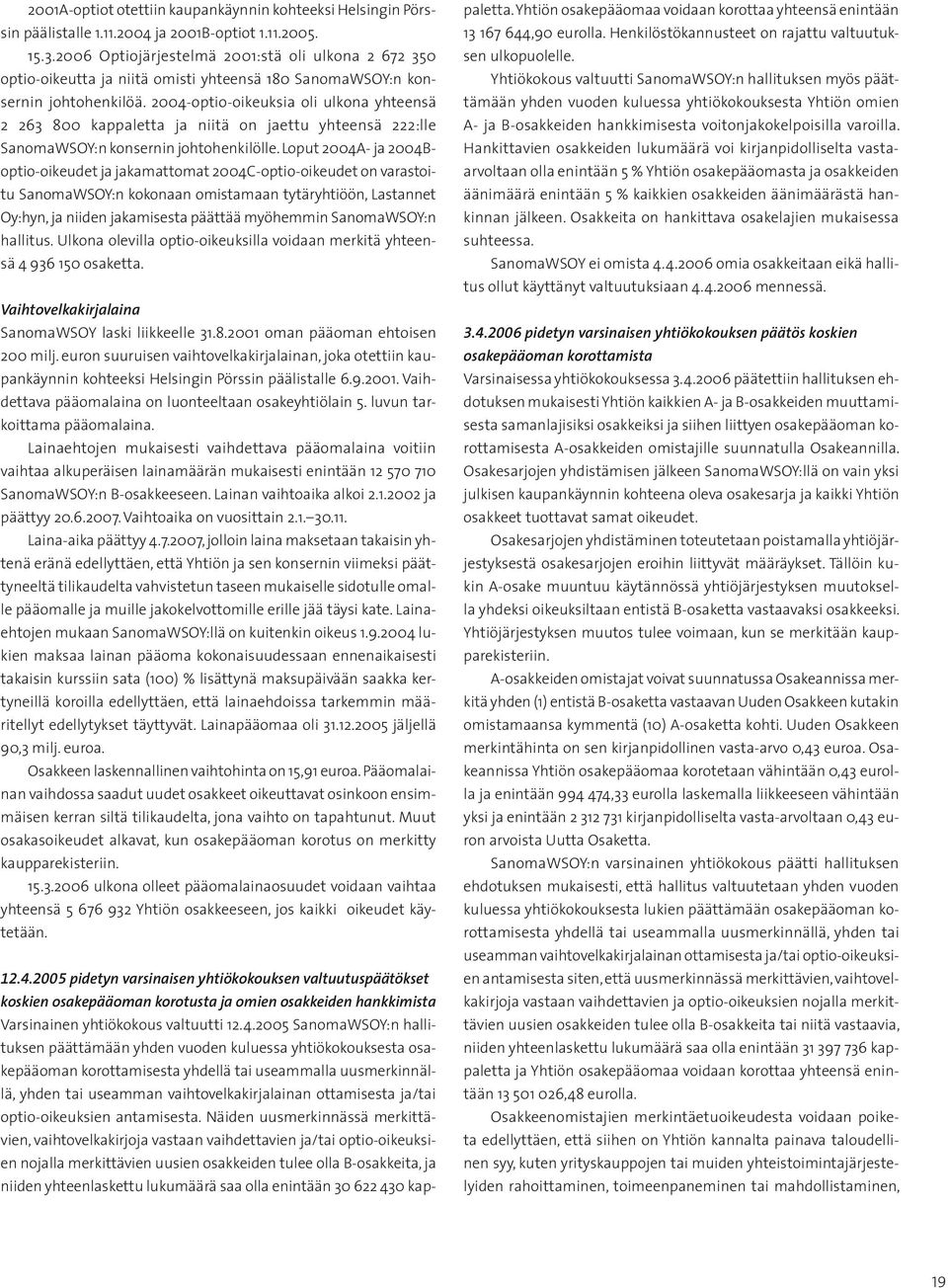 2004-optio-oikeuksia oli ulkona yhteensä 2 263 800 kappaletta ja niitä on jaettu yhteensä 222:lle SanomaWSOY:n konsernin johtohenkilölle.