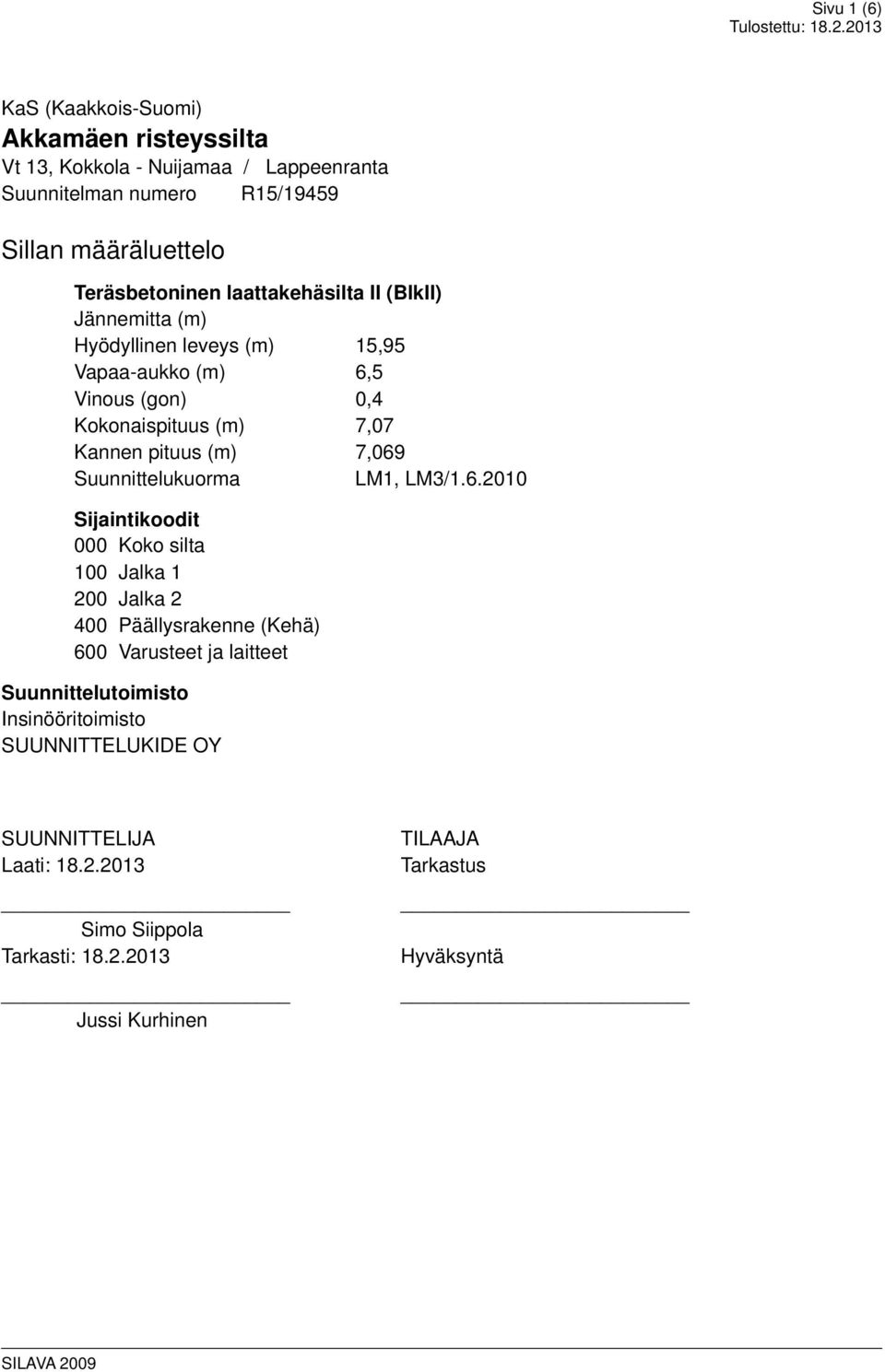 7,069 Suunnittelukuorma LM1, LM3/1.6.2010 Sijaintikoodit 000 Koko silta 100 Jalka 1 200 Jalka 2 400 Päällysrakenne (Kehä) 600 Varusteet ja laitteet