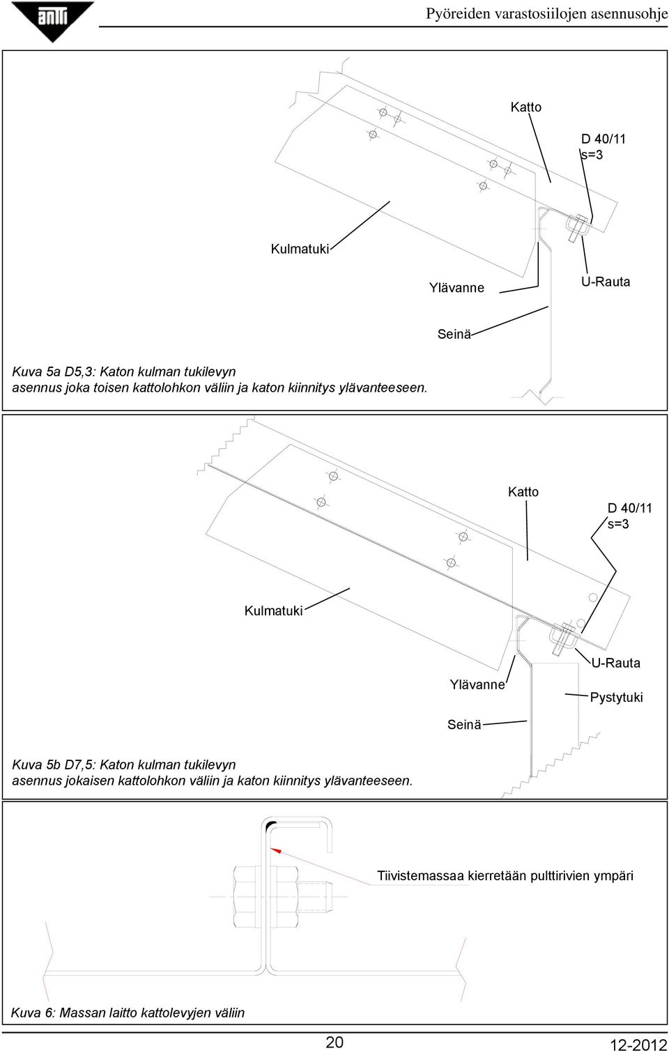 Katto D 40/11 s=3 Kulmatuki Ylävanne U-Rauta Pystytuki Seinä Kuva 5b D7,5: Katon kulman tukilevyn asennus