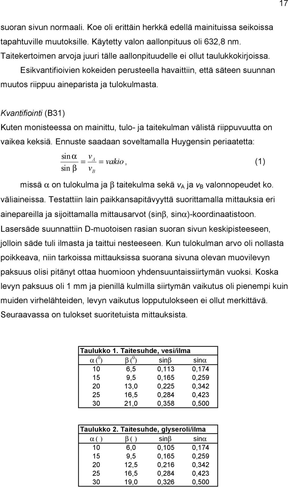 Kvantifiointi (B31) Kuten monisteessa on mainittu, tulo- ja taitekulman välistä riippuvuutta on vaikea keksiä.