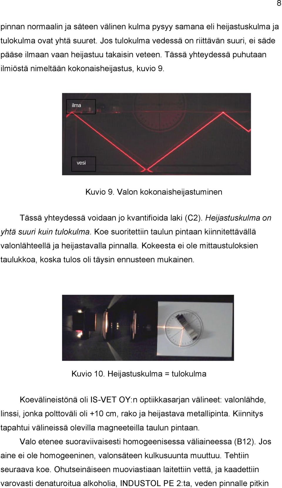 Heijastuskulma on yhtä suuri kuin tulokulma. Koe suoritettiin taulun pintaan kiinnitettävällä valonlähteellä ja heijastavalla pinnalla.