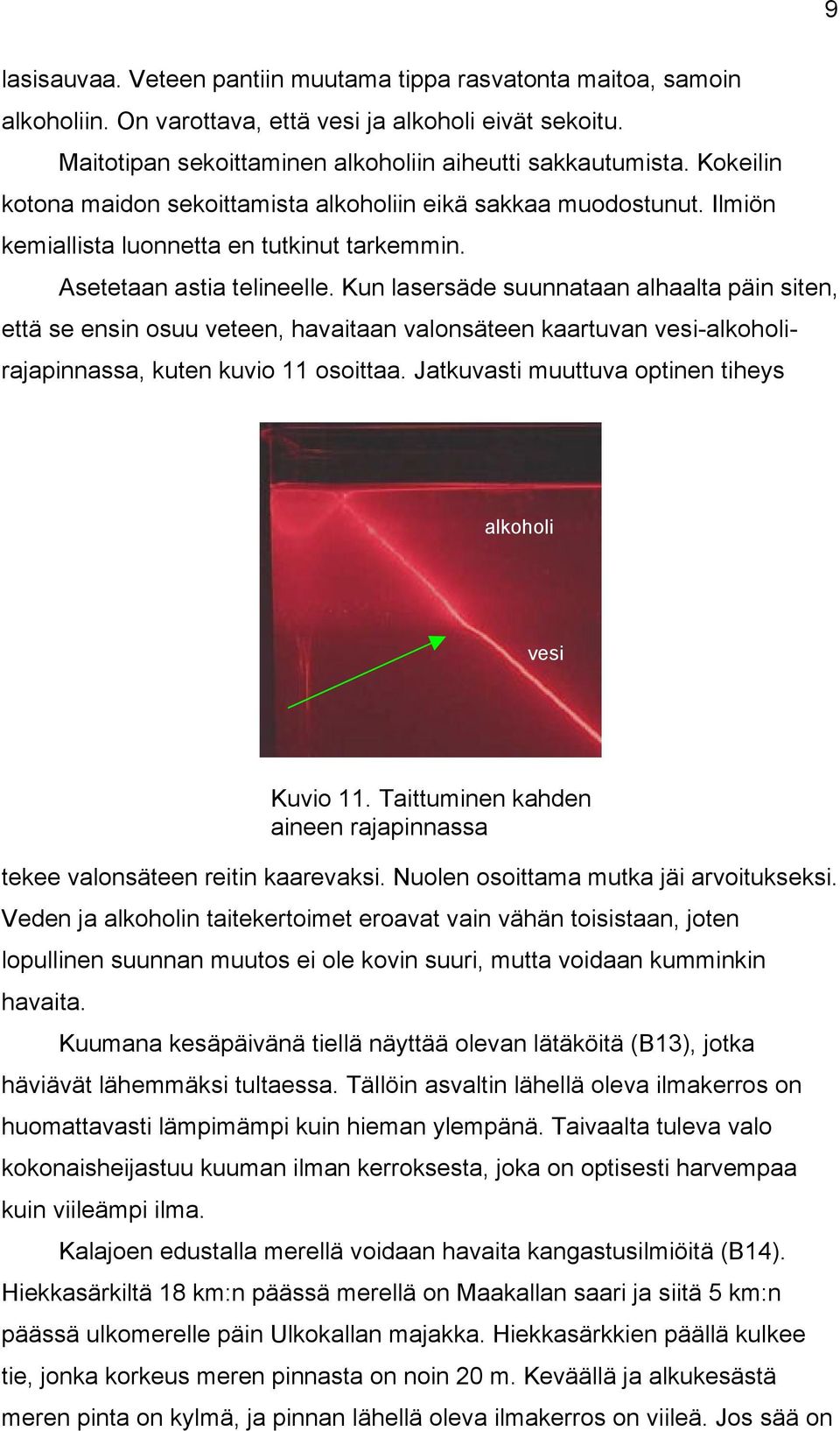 Kun lasersäde suunnataan alhaalta päin siten, että se ensin osuu veteen, havaitaan valonsäteen kaartuvan vesi-alkoholirajapinnassa, kuten kuvio 11 osoittaa.