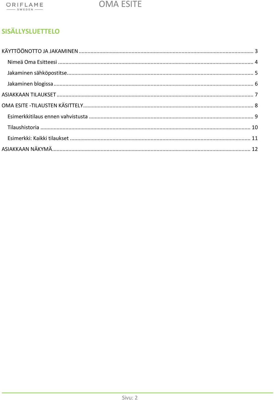 .. 7 OMA ESITE -TILAUSTEN KÄSITTELY... 8 Esimerkkitilaus ennen vahvistusta.