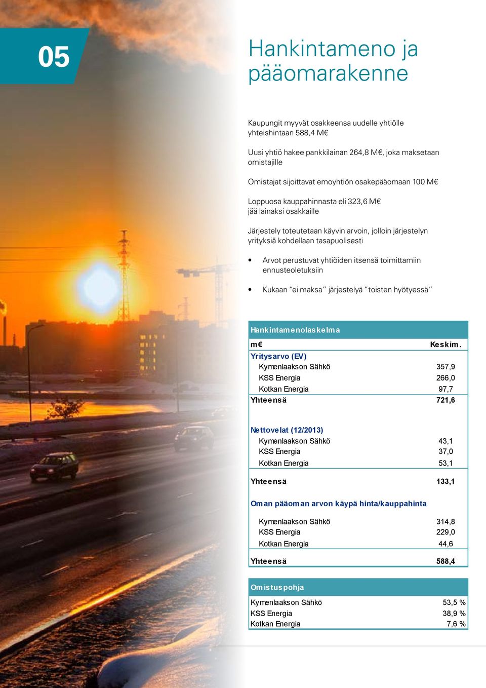 yhtiöiden itsensä toimittamiin ennusteoletuksiin Kukaan ei maksa järjestelyä toisten hyötyessä Hankintamenolaskelma m Keskim.