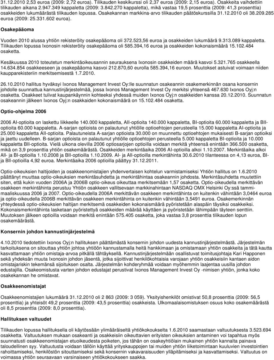 285 euroa (2009: 25.331.602 euroa). Osakepääoma Vuoden 2010 alussa yhtiön rekisteröity osakepääoma oli 372.523,56 euroa ja osakkeiden lukumäärä 9.313.089 kappaletta.