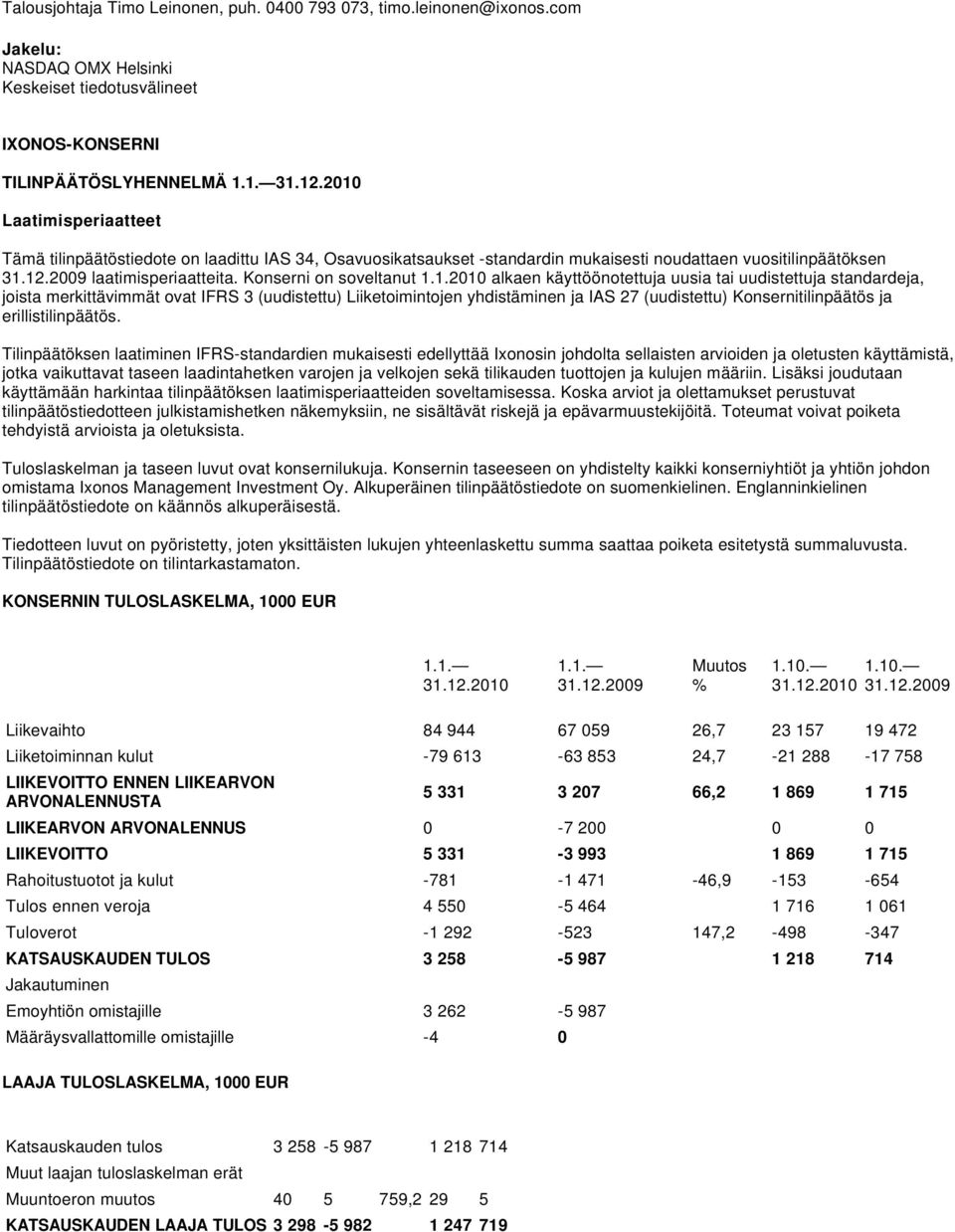 1.2010 alkaen käyttöönotettuja uusia tai uudistettuja standardeja, joista merkittävimmät ovat IFRS 3 (uudistettu) Liiketoimintojen yhdistäminen ja IAS 27 (uudistettu) Konsernitilinpäätös ja