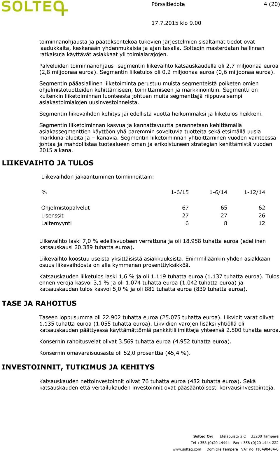 Segmentin liiketulos oli 0,2 miljoonaa euroa (0,6 miljoonaa euroa).