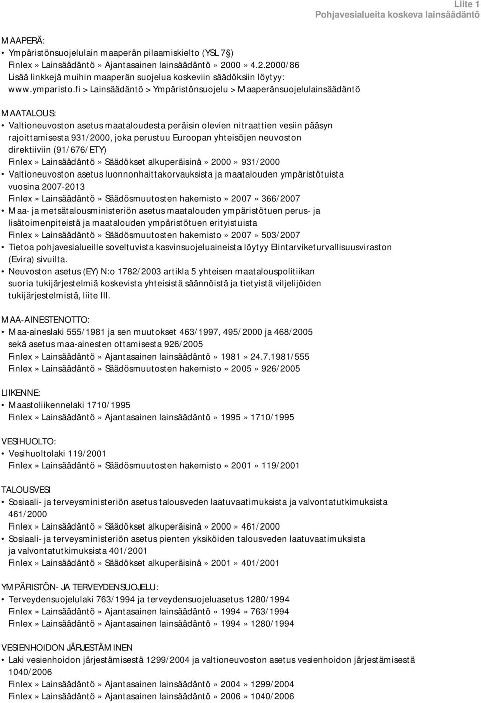 fi > Lainsäädäntö > Ympäristönsuojelu > Maaperänsuojelulainsäädäntö MAATALOUS: Valtioneuvoston asetus maataloudesta peräisin olevien nitraattien vesiin pääsyn rajoittamisesta 931/2000, joka perustuu