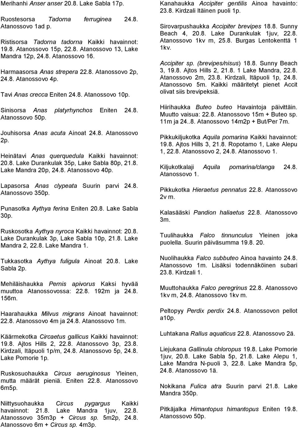 8. Lake Durankulak 35p, Lake Sabla 80p, 21.8. Lake Mandra 20p, 24.8. 40p. Lapasorsa Anas clypeata Suurin parvi 24.8. 350p. Punasotka Aythya ferina Eniten 20.8. Lake Sabla 30p.