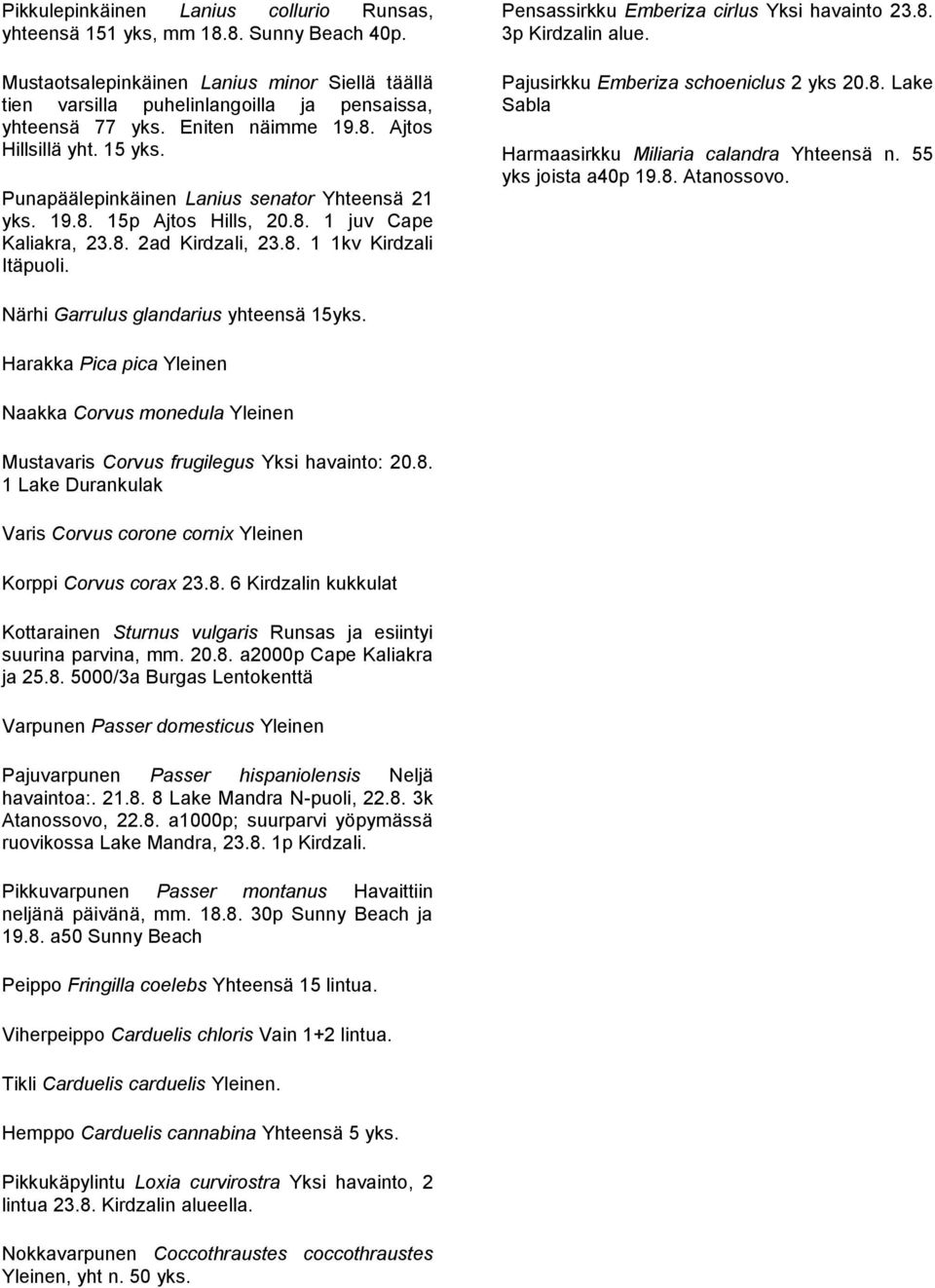 Pensassirkku Emberiza cirlus Yksi havainto 23.8. 3p Kirdzalin alue. Pajusirkku Emberiza schoeniclus 2 yks 20.8. Lake Sabla Harmaasirkku Miliaria calandra Yhteensä n. 55 yks joista a40p 19.8.. Närhi Garrulus glandarius yhteensä 15yks.