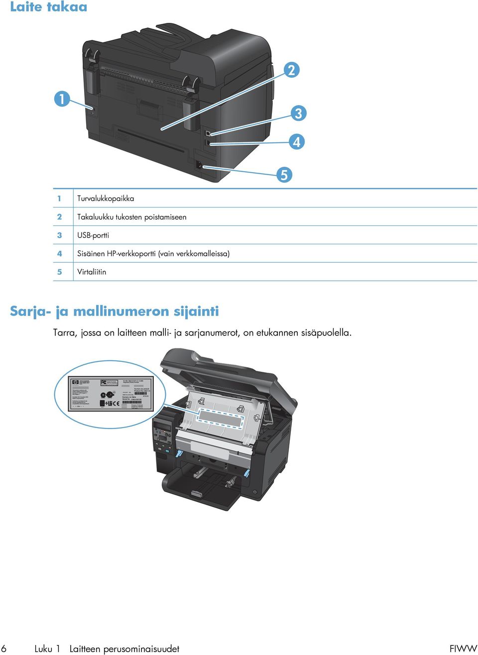 Virtaliitin Sarja- ja mallinumeron sijainti Tarra, jossa on laitteen malli-