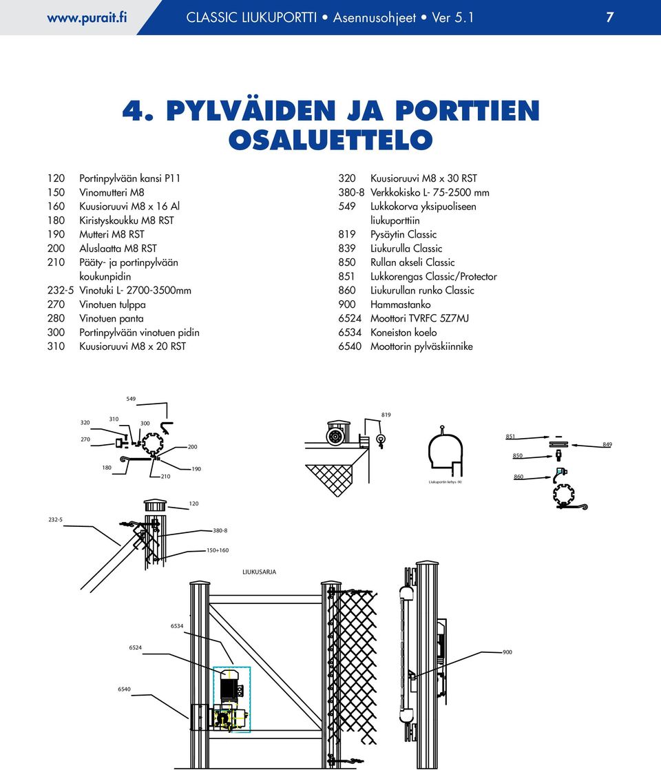 portinpylvään koukunpidin 232-5 Vinotuki L- 2700-3500mm 270 Vinotuen tulppa 280 Vinotuen panta 300 Portinpylvään vinotuen pidin 310 Kuusioruuvi M8 x 20 RST 320 Kuusioruuvi M8 x 30 RST 380-8