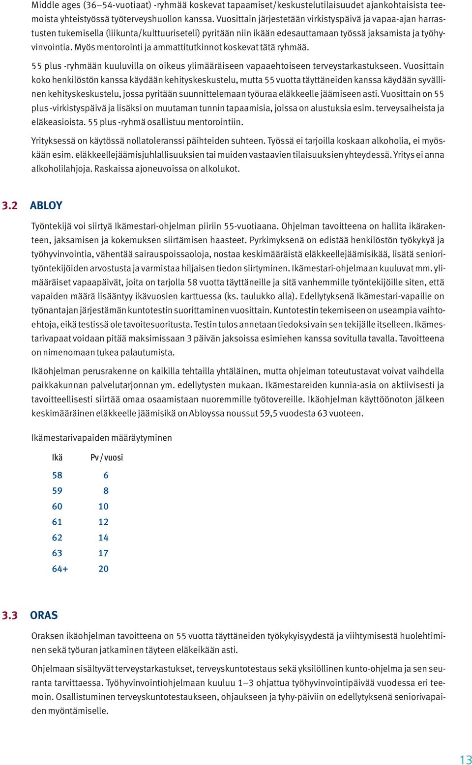 Myös mentorointi ja ammattitutkinnot koskevat tätä ryhmää. 55 plus -ryhmään kuuluvilla on oikeus ylimääräiseen vapaaehtoiseen terveystarkastukseen.