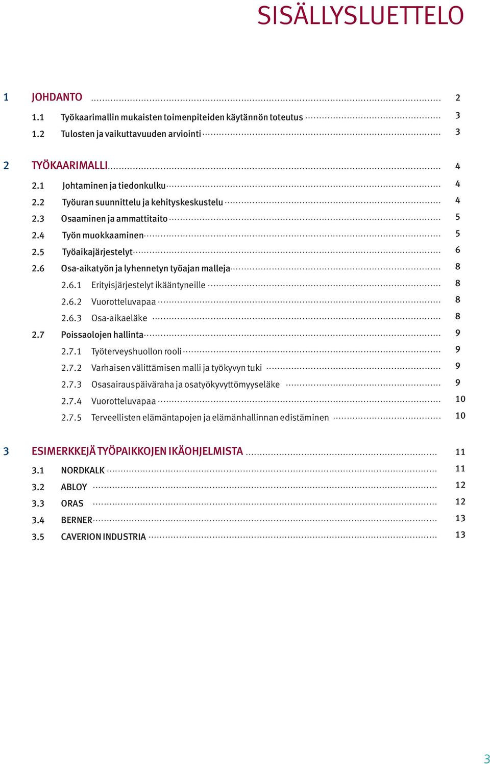 6.1 Erityisjärjestelyt ikääntyneille... 8 2.6.2 Vuorotteluvapaa... 8 2.6.3 Osa-aikaeläke... 8 2.7 Poissaolojen hallinta... 9 2.7.1 Työterveyshuollon rooli... 9 2.7.2 Varhaisen välittämisen malli ja työkyvyn tuki.